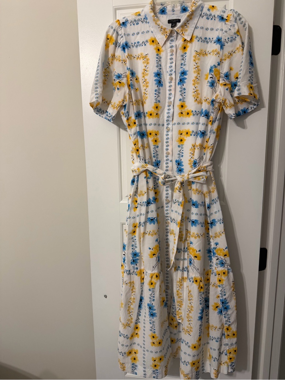 Ann Taylor Petite White Floral Shirt Dress with Blue and Yellow Print